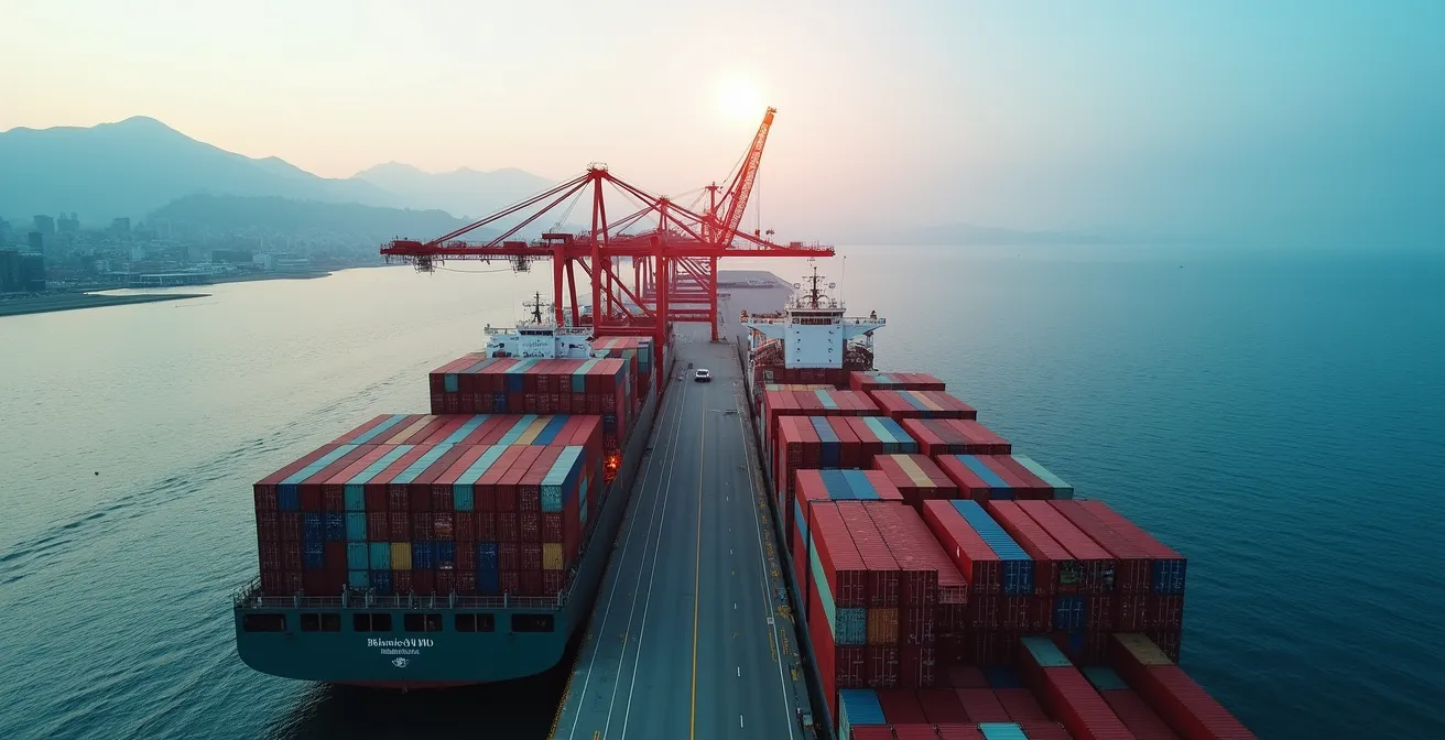 Aerial view of Vancouver port with container ships and Pacific Ocean horizon