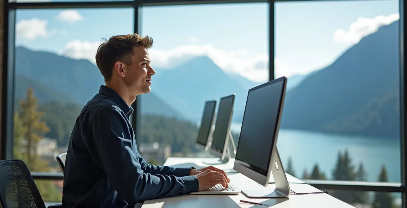 Tech professional working on laptop with Vancouver mountains visible through window