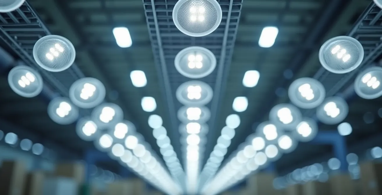 Modern warehouse interior showing LED lighting installation and energy-saving technologies
