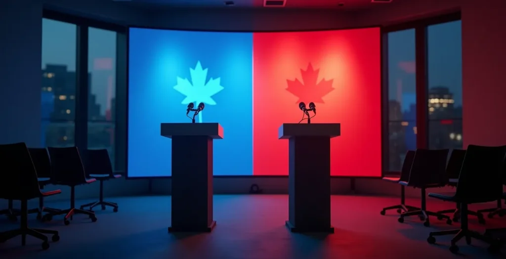 Split scene showing French and English media briefings in Montreal, symbolizing a dual communication strategy. Split scene showing French and English media briefings in Montreal, symbolizing a dual communication strategy.